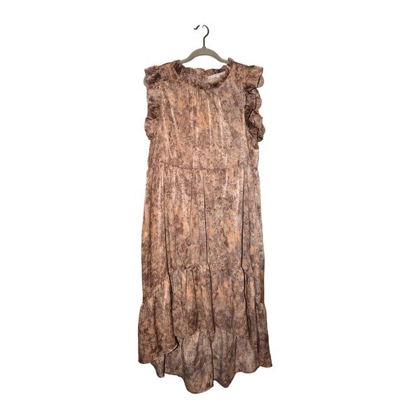 KARLIE $173 Brown Abstract Tiered Ruffled Hi-Low Hem Dress Large - Picture 1 of 4